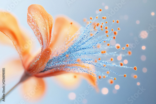 Beautiful orange flower with delicate blue pollen against a soft background photo