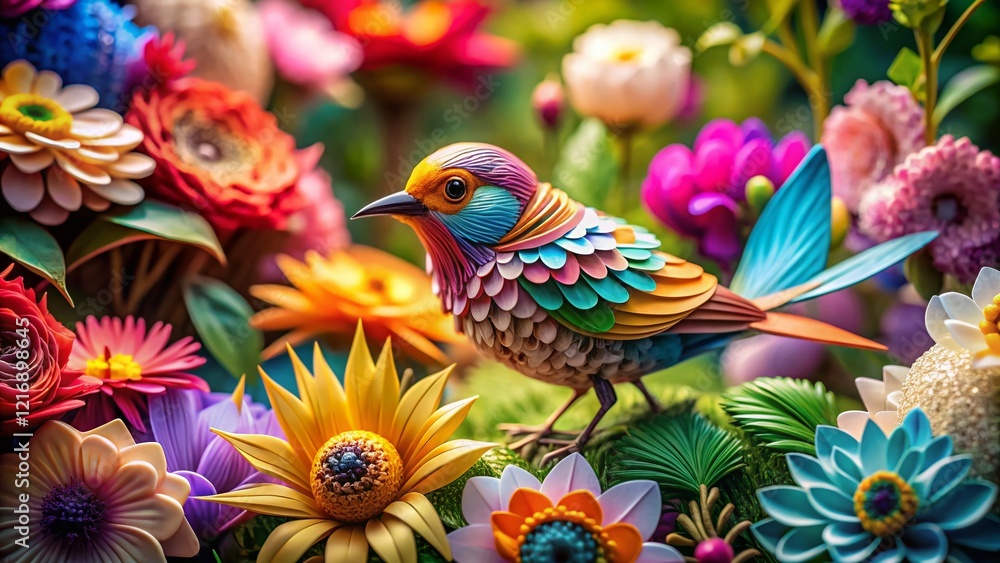 Obraz premium Delicate Paper Bird Amongst Paper Flowers: Artistic Garden Still Life
