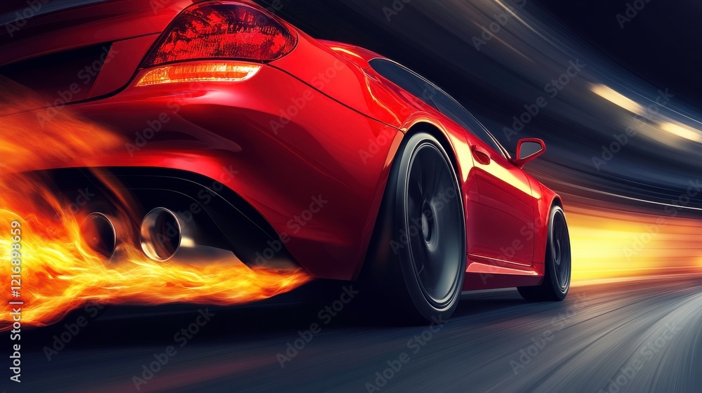 Naklejka premium Dynamic Racing Car with Flames in Action
