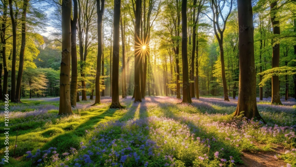 Naklejka premium A peaceful forest glade bathed in warm spring light, with wildflowers blooming amidst the underbrush, and tall trees casting dappled shadows on the forest floor, sunlight, spring