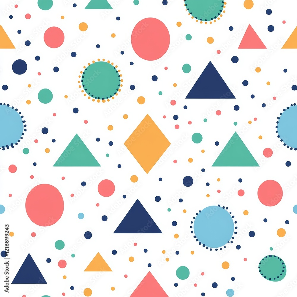 Fototapeta premium Colorful Geometric Pattern With Circles, Triangles, and Diamonds on White Background