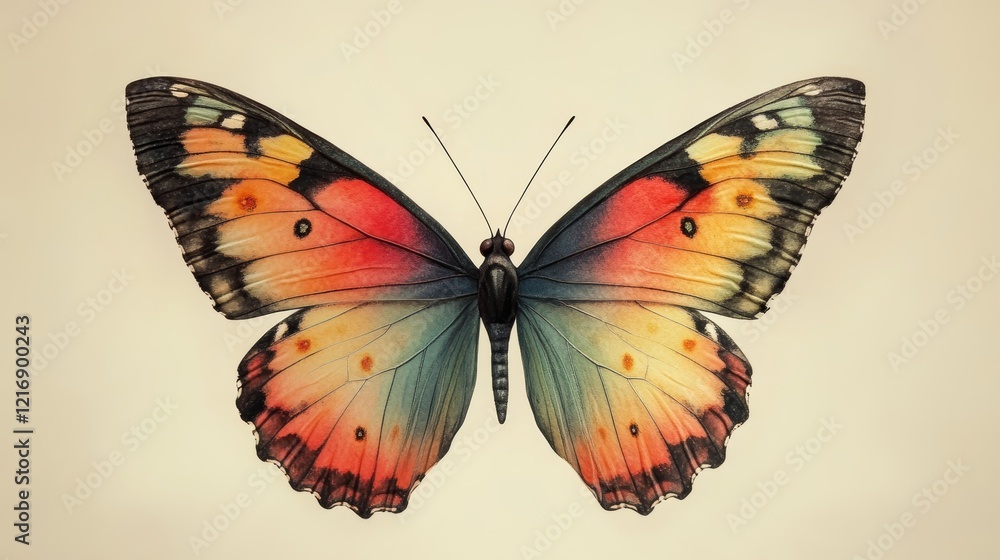 Obraz premium Vibrant Butterfly with Delicate Multicolored Wings on a Neutral Background