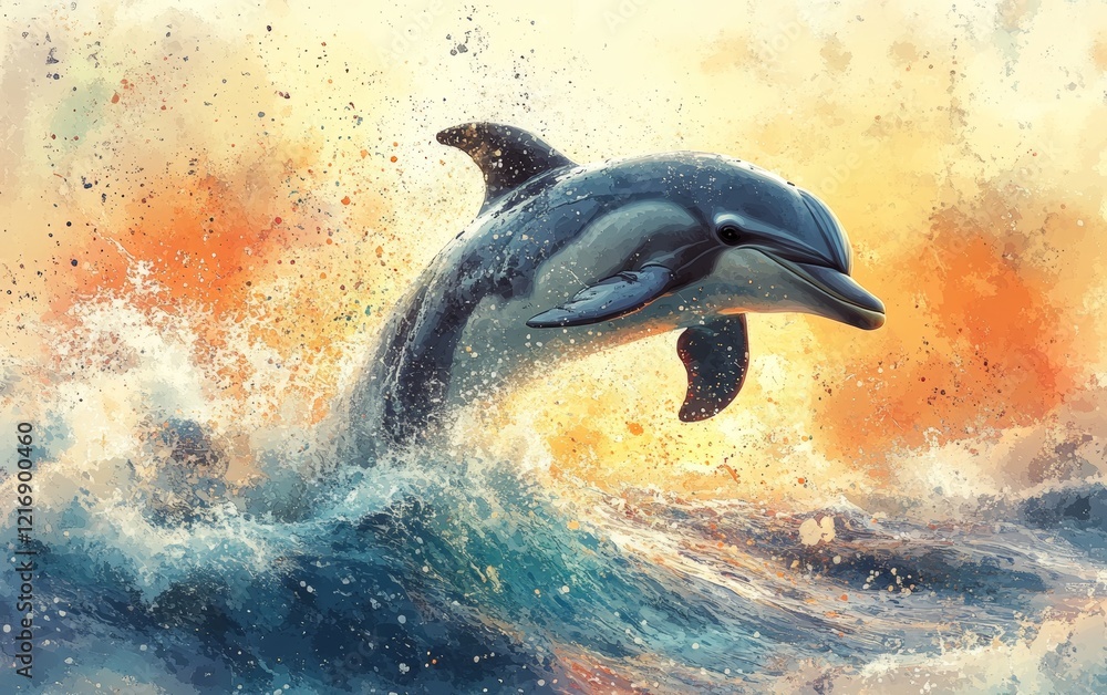 Obraz premium Dolphin Jumping Out of Ocean Waves During a Scenic Sunset