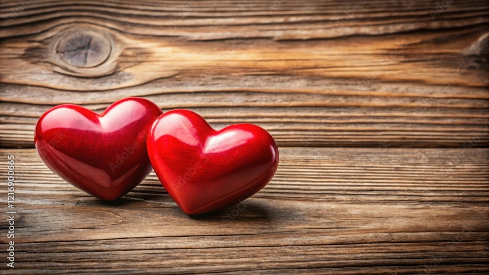 A beautiful, close-up shot of two red hearts placed side by side on a wooden background, with the natural wood grain visible through the heart shapes , red, close up A beautiful, close-up shot of two red hearts placed side by side on a wooden background, with the natural wood grain visible through the heart shapes , red, close up
