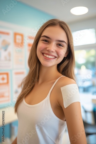 Free Download A young woman smiling confidently after receiving her flu vaccine, with a bandage on her arm, standing in a bright and cheerful clinic environment - GFXLoad