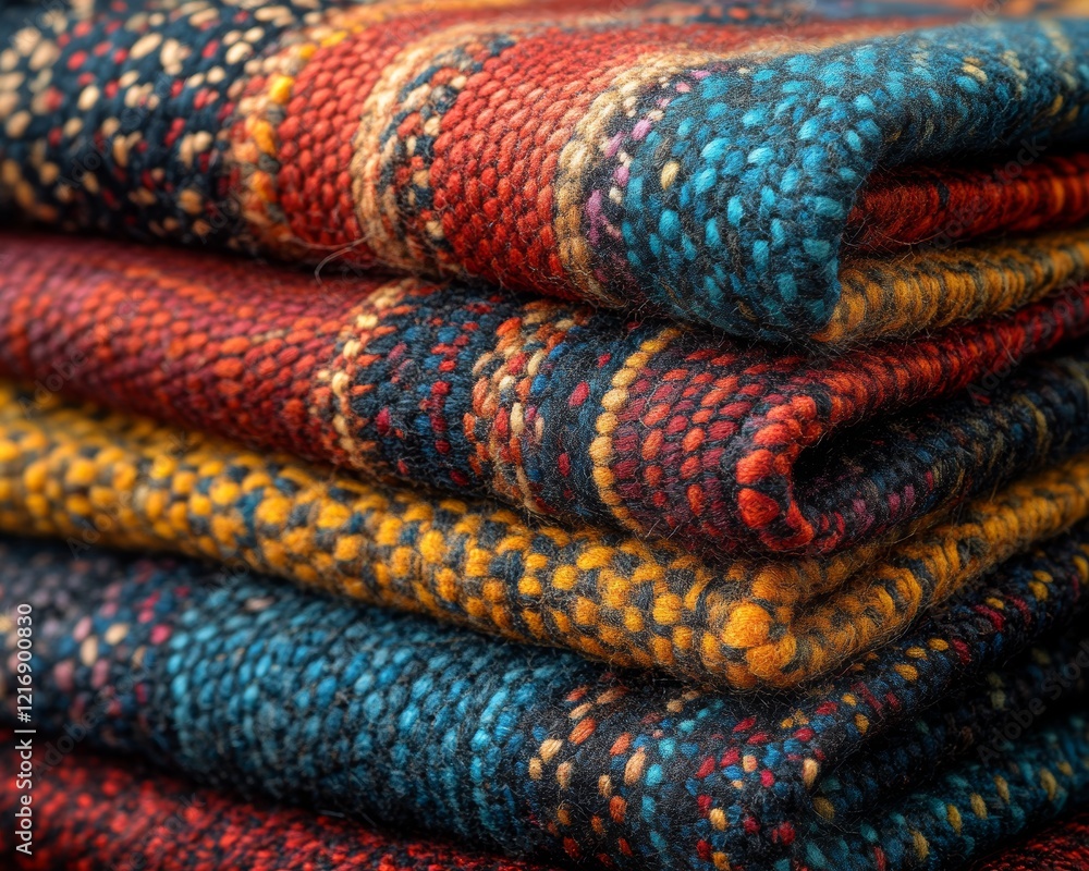 Close-Up of Colorful Folded Woven Textiles with Vibrant Patterns and Shades Close-Up of Colorful Folded Woven Textiles with Vibrant Patterns and Shades