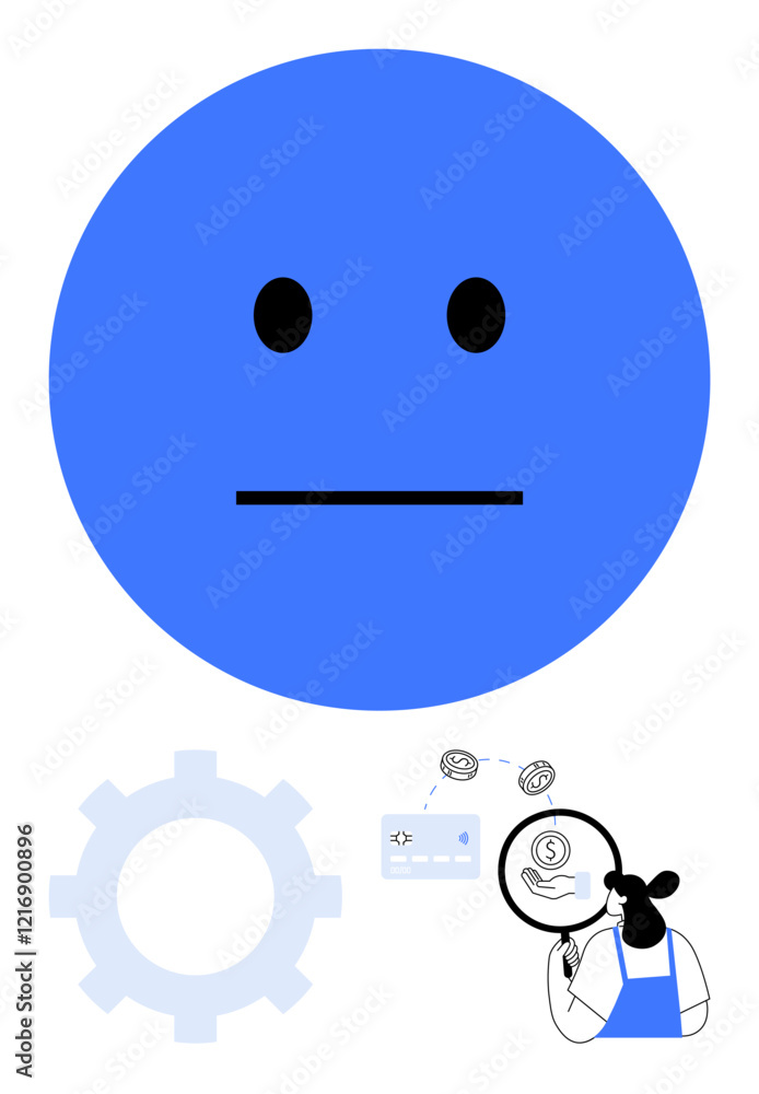 Fototapeta premium Blue face with neutral expression, white gear, and woman investigating dollar sign with magnifying glass. Ideal for finance, analysis, emotion, technology, research business economy. Abstract line