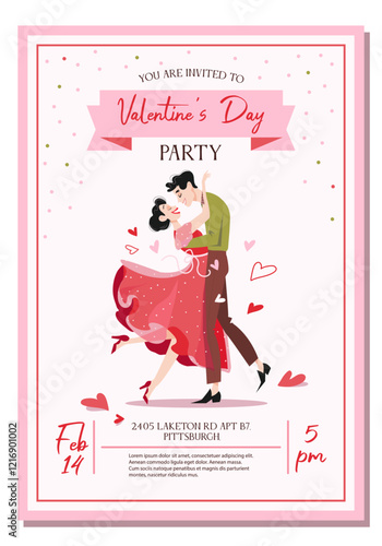 invitation to the Valentine's day party. Illustration of a dancing couple in love in a flat retro 60s mid century style with hearts. Postcard template in pink, red and green colors.