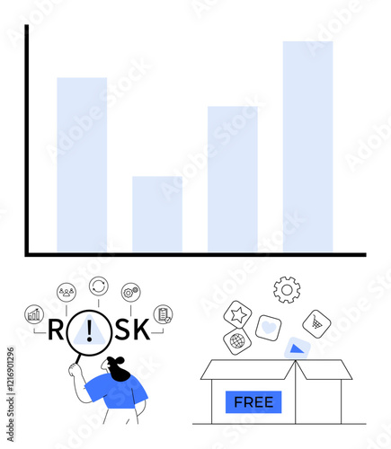 Bar chart tracking data growth, person analyzing risk with magnifying glass, and open box with free items. Ideal for business insights, risk management, analytics, marketing strategies, finance