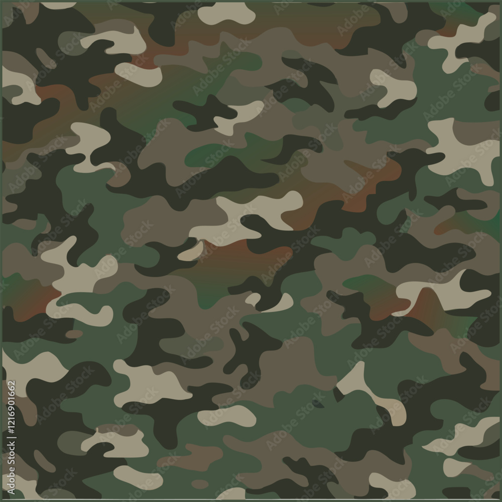 Army woodland green hunting camouflage seamless pattern design. Khaki texture.
Army woodland green hunting camouflage seamless pattern design. Khaki texture.