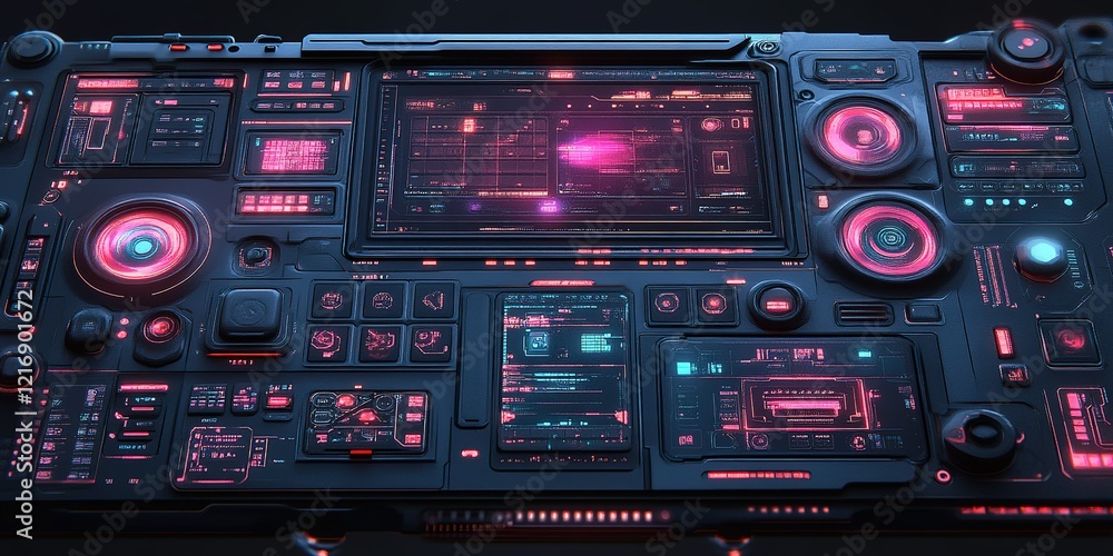 Complex control panel featuring vibrant neon lights and intricate designs in a futuristic setting Complex control panel featuring vibrant neon lights and intricate designs in a futuristic setting