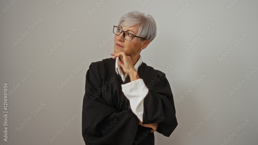 Mature grey-haired woman in judicial robe posing thoughtfully against isolated white background Mature grey-haired woman in judicial robe posing thoughtfully against isolated white background