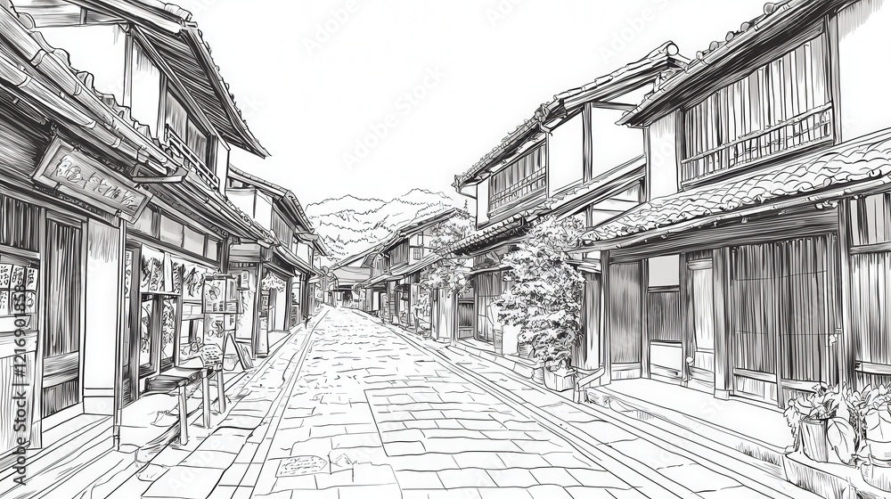 Naklejka premium Serene Traditional Street Scene in Japanese Village with Mountains