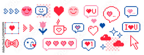Happy Valentines Day icons set. Retro pixel art design with hearts, smile face emoji, bow and speech bubbles. Modern collage sticker for celebration, ads, banner, label, poster. Game abstract elements
