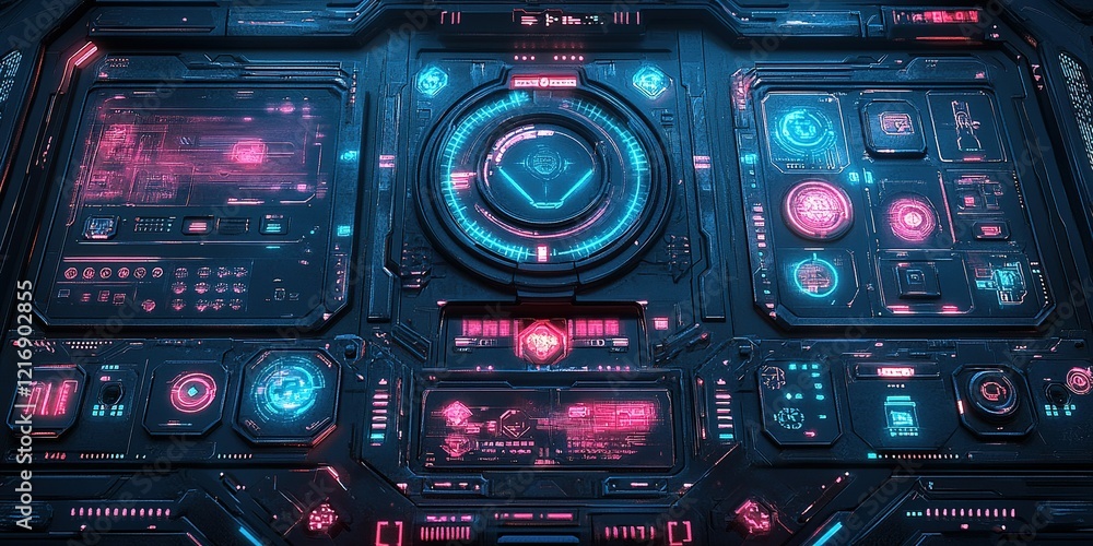 Futuristic control panel showcasing advanced technology and user interface design in a sci-fi environment Futuristic control panel showcasing advanced technology and user interface design in a sci-fi environment