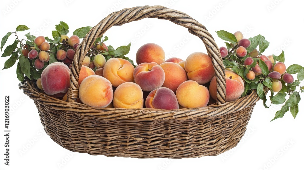 Fresh Peaches in a Woven Basket Surrounded by Green Leaves Fresh Peaches in a Woven Basket Surrounded by Green Leaves