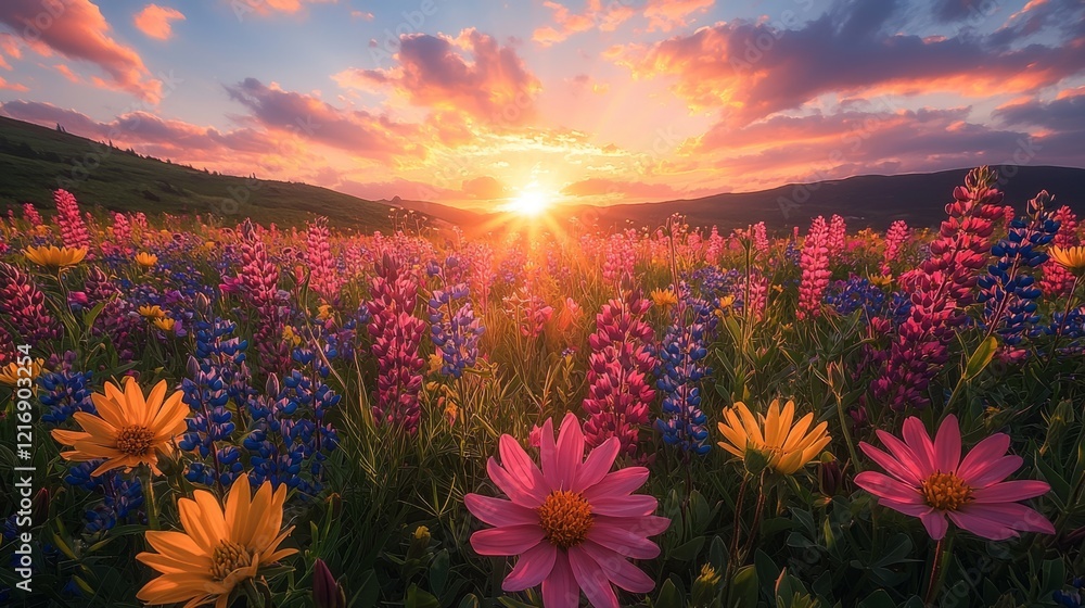 Fototapeta premium A sunrise illuminating a field of wildflowers, vibrant colors, natural beauty, wildflower sunrise