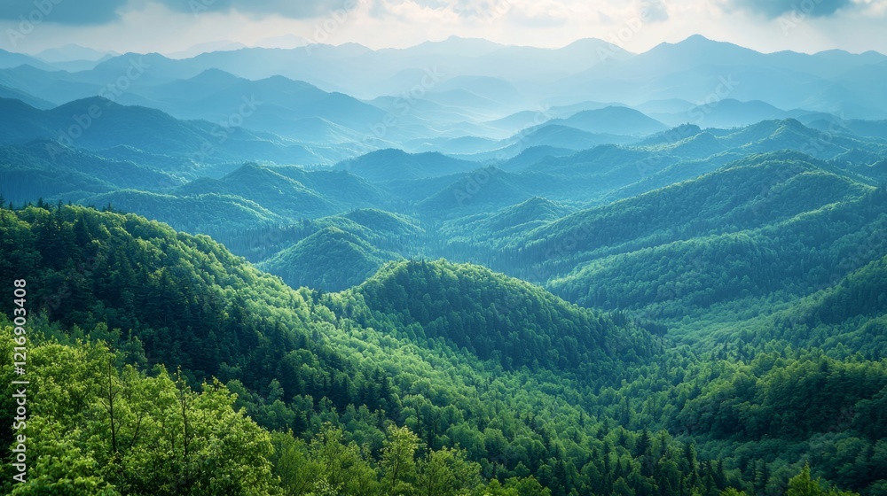 A sweeping vista of rolling mountains with forests in the valleys below, lush scenery, mountain range background A sweeping vista of rolling mountains with forests in the valleys below, lush scenery, mountain range background