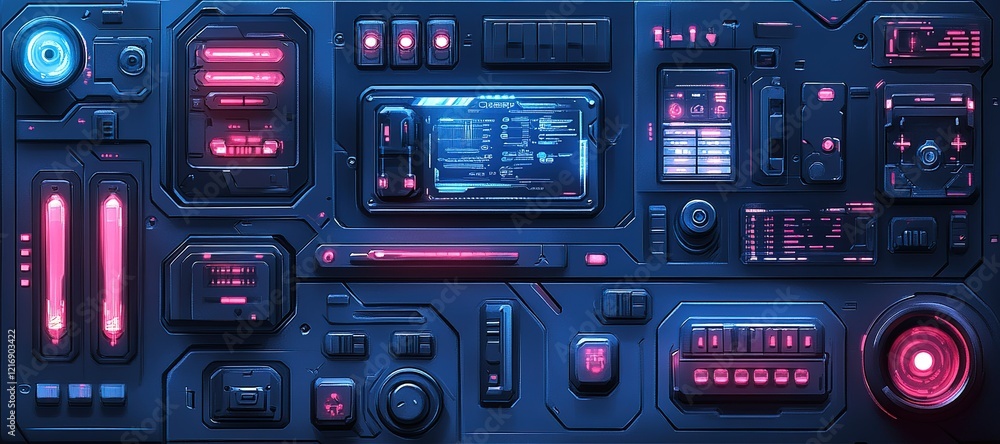 Futuristic control panel with vibrant lights and complex interfaces showcasing advanced technology in a sci-fi environment Futuristic control panel with vibrant lights and complex interfaces showcasing advanced technology in a sci-fi environment