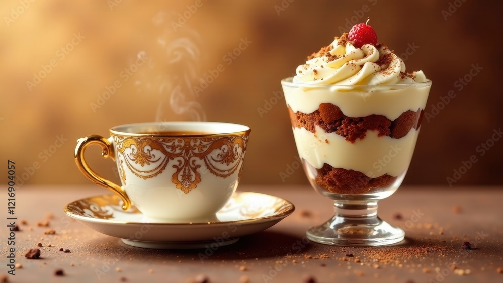 Aromatic Coffee and Creamy Dessert Delight Indulgent Treat with Golden Cup Aromatic Coffee and Creamy Dessert Delight Indulgent Treat with Golden Cup