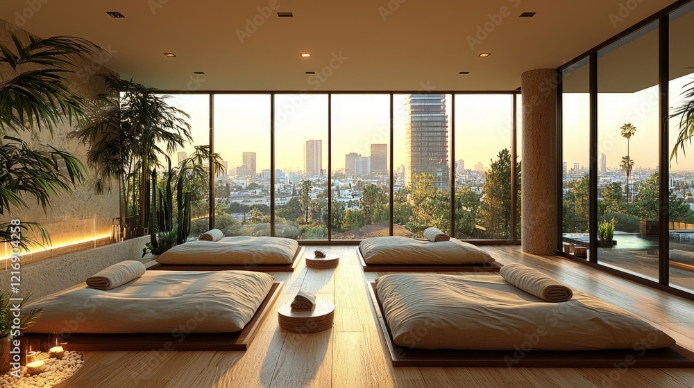 Fototapeta premium A wellness center with large windows, city view in the background, urban spa aesthetic