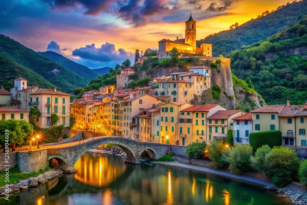 Obraz premium Dolceacqua, Liguria, Italy: Charming Medieval Village, Picturesque River, Historic Architecture, Italian Riviera, Summer Scenery