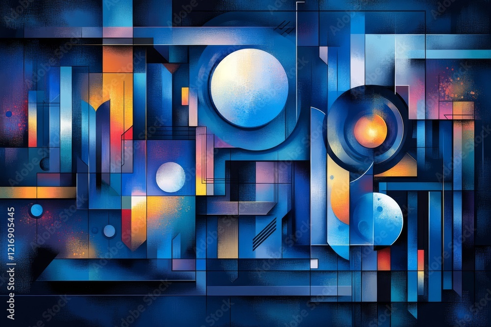 Geometric abstraction featuring a celestial motif with a prominent moon, set against a vibrant blue background interspersed with angular shapes and colorful accents Geometric abstraction featuring a celestial motif with a prominent moon, set against a vibrant blue background interspersed with angular shapes and colorful accents