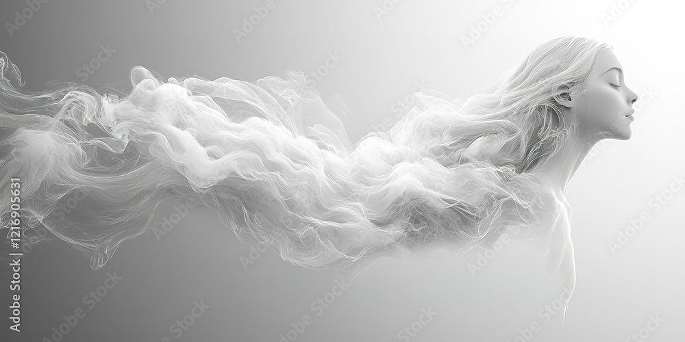 Ethereal figure with flowing hair and wisps of smoke in a monochromatic setting Ethereal figure with flowing hair and wisps of smoke in a monochromatic setting