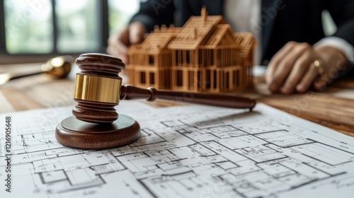 Construction law background, judge gavel, blueprint plans, helmet, building model, paper sheet, pen, home insurance context