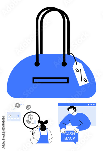 Large blue handbag with discount tag, woman using magnifier to inspect online payment, man holding a cashback sign. Ideal for e-commerce, shopping, deals, savings, financial literacy, digital