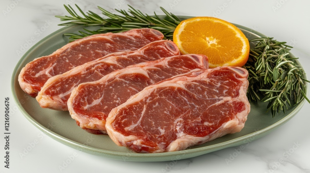 Fresh Raw Ribeye Steaks Garnished with Orange and Rosemary Sprigs Fresh Raw Ribeye Steaks Garnished with Orange and Rosemary Sprigs