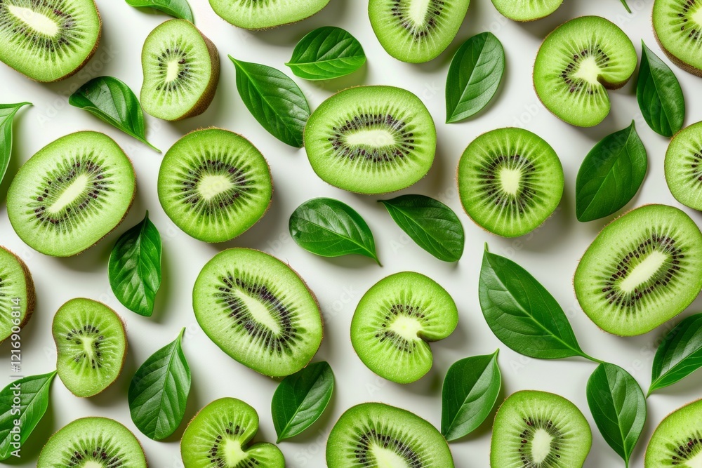 Fototapeta premium Juicy kiwi halves surrounded by fresh green leaves on a clean white background for vibrant imagery