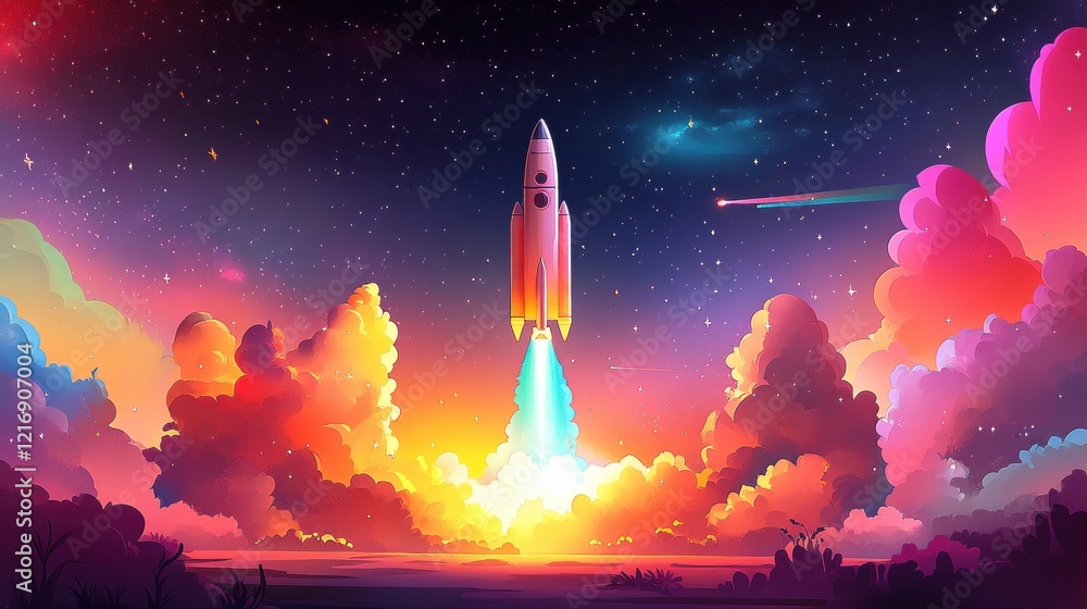 Obraz premium Futuristic Rocket Launching into Colorful Starry Night Sky