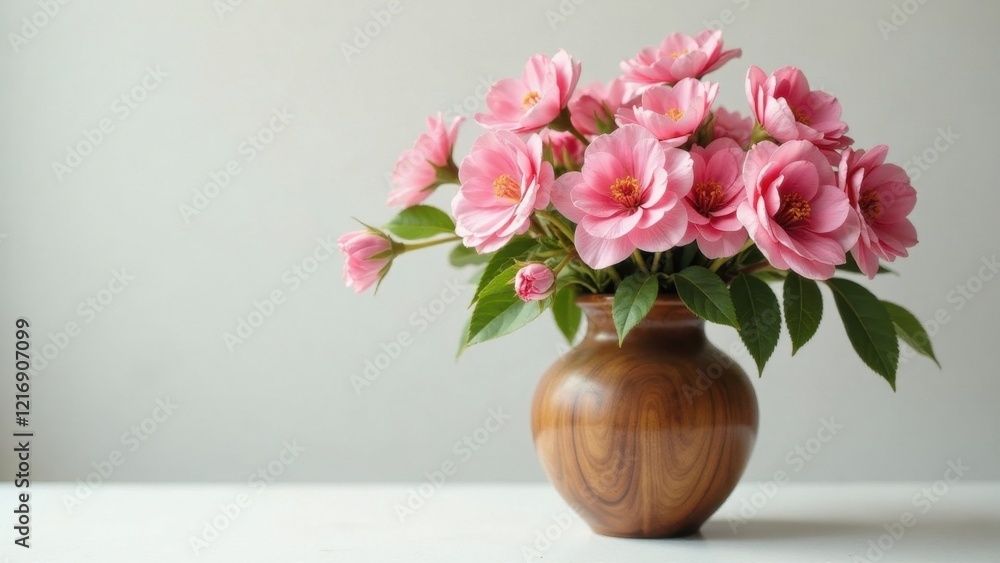 A Delicate Arrangement of Pink Blossoms in a Wooden Vase, Displayed on a Pristine White Surface A Delicate Arrangement of Pink Blossoms in a Wooden Vase, Displayed on a Pristine White Surface