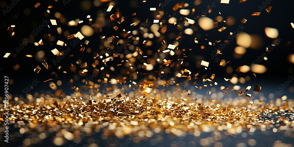 Golden glitter particles swirl and scatter in a dynamic display on a dark surface Golden glitter particles swirl and scatter in a dynamic display on a dark surface
