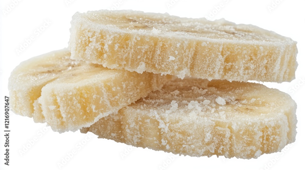 Dried Banana Slices with Sugar Coating on White Background Dried Banana Slices with Sugar Coating on White Background