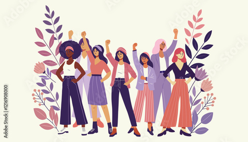 International Women's Day celebration illustration Diverse group of confident women standing in unity with raised fists symbolizing empowerment and equality promoting accelerate actionin vibrant flat