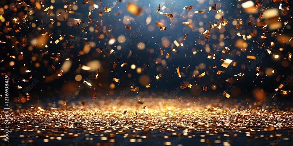 Golden confetti falling against a dark background creates a festive atmosphere during a celebration or event