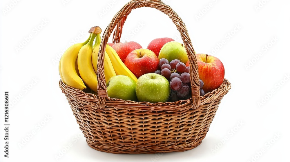 Fresh Fruit Basket with Bananas, Apples, and Grapes on White Background Fresh Fruit Basket with Bananas, Apples, and Grapes on White Background