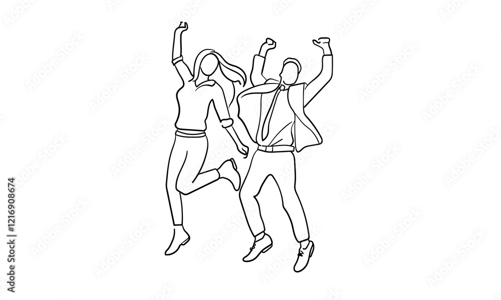 Obraz premium Happy work team continuous line art drawing isolated on white background. Jumping office two friends line art. Vector illustration 