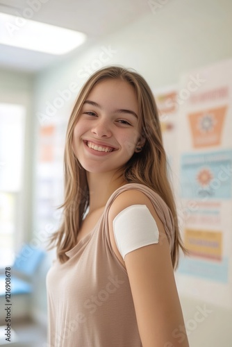 Free Download A young woman smiling brightly after receiving her flu vaccine, with a bandage on her arm, standing in a clean and cheerful clinic environment - GFXLoad