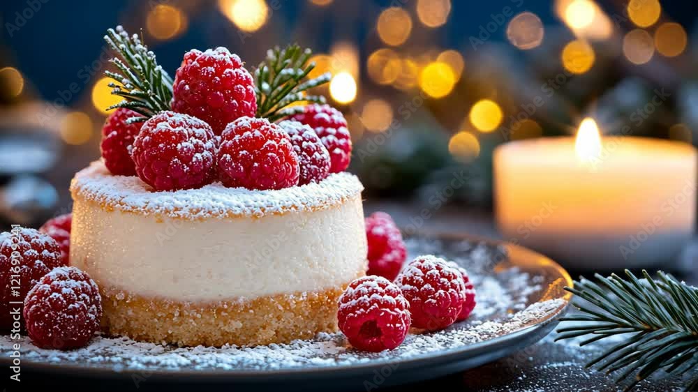 A delectable mini raspberry cheesecake adorned with fresh raspberries and powdered sugar A delectable mini raspberry cheesecake adorned with fresh raspberries and powdered sugar