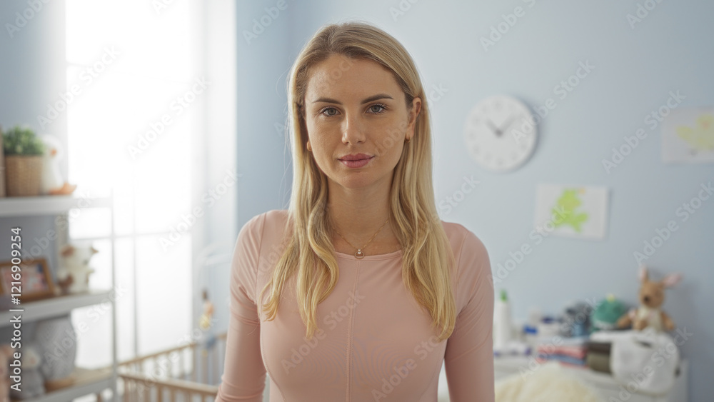 Woman standing in a bedroom with soft lighting, featuring blonde hair, a baby crib, and personal decor items, embodying a calm and nurturing atmosphere indoors. Woman standing in a bedroom with soft lighting, featuring blonde hair, a baby crib, and personal decor items, embodying a calm and nurturing atmosphere indoors.