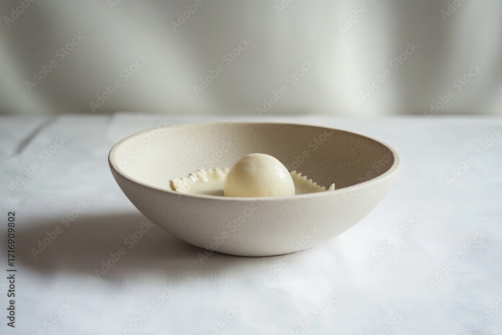 A minimalist ceramic bowl of ricotta-filled ravioli styled with sage butter. picture A minimalist ceramic bowl of ricotta-filled ravioli styled with sage butter. picture