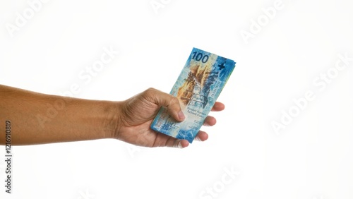 Hand holding swiss 100 franc banknotes isolated on a white background showcasing switzerland currency transaction finance franc wall reflection photo