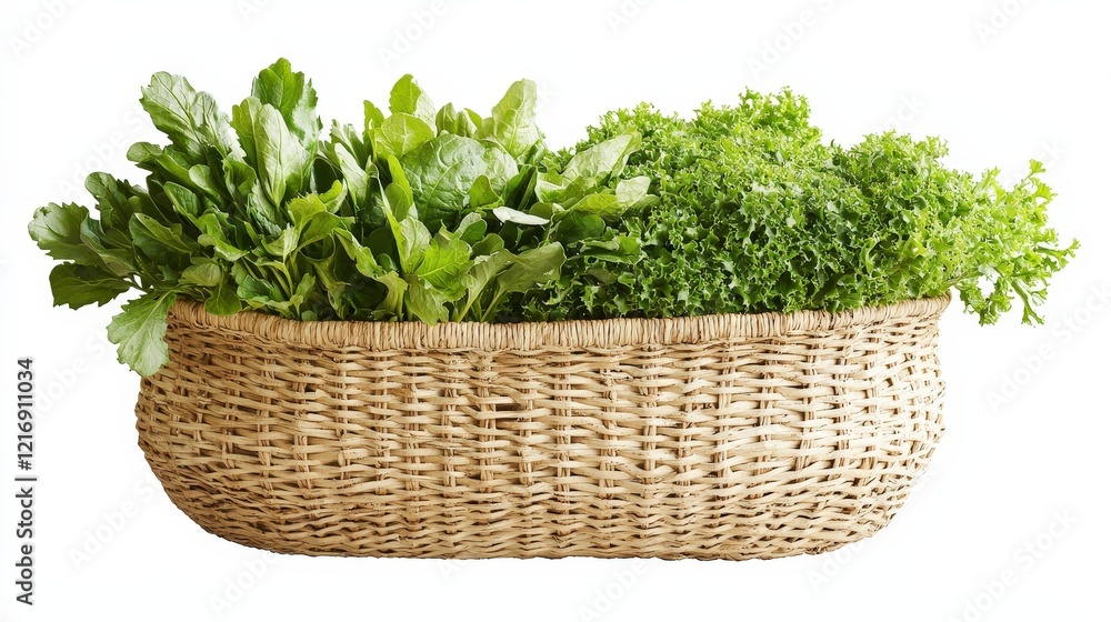 Fresh Green Leafy Vegetables in Woven Basket on White Background Fresh Green Leafy Vegetables in Woven Basket on White Background