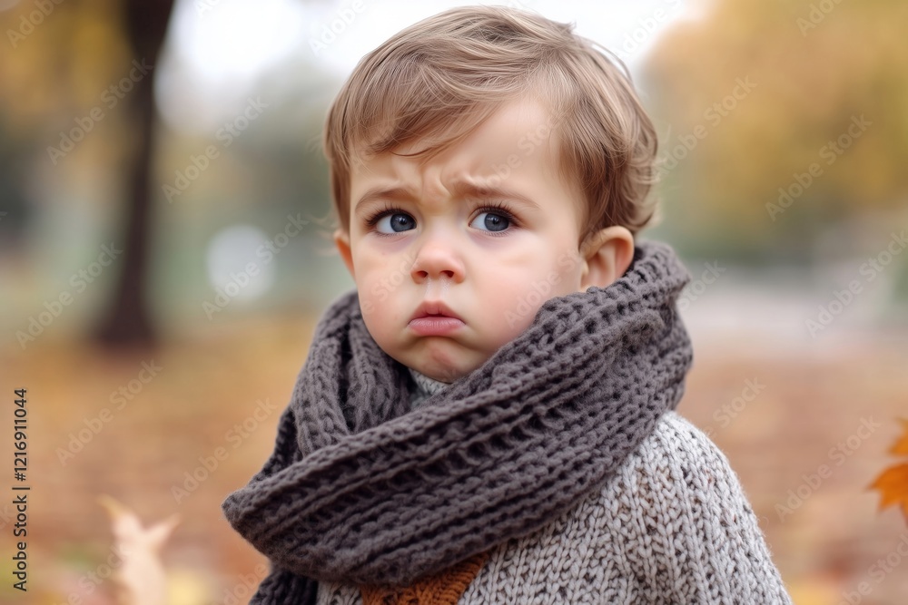 A young boy with a sad expression wearing a brown and beige scarf, outdoors in an autumn park with colorful leaves in the background A young boy with a sad expression wearing a brown and beige scarf, outdoors in an autumn park with colorful leaves in the background