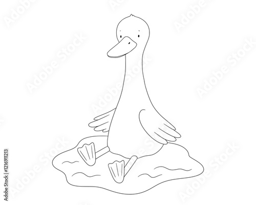 Cute goose character, sitting animal in puddle, water, line art, hand drawn illustration for coloring book or page