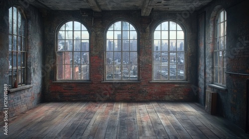 Abandoned Urban Loft with Large Windows Overlooking Cityscape