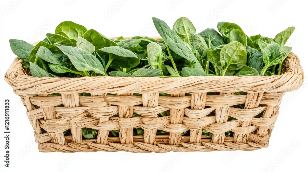 Fresh Spinach Leaves in a Woven Basket for Healthy Cooking Fresh Spinach Leaves in a Woven Basket for Healthy Cooking